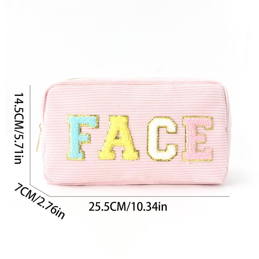 Embroidered Corduroy Letter Toiletry Bag - Large Capacity, Portable Cosmetic Storage
