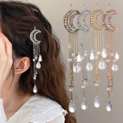 Hairpin Hair Accessory, Star Moon Tassel Hair Clip with Faux Crystal, Lightweight Face Slimming Hair Accessory