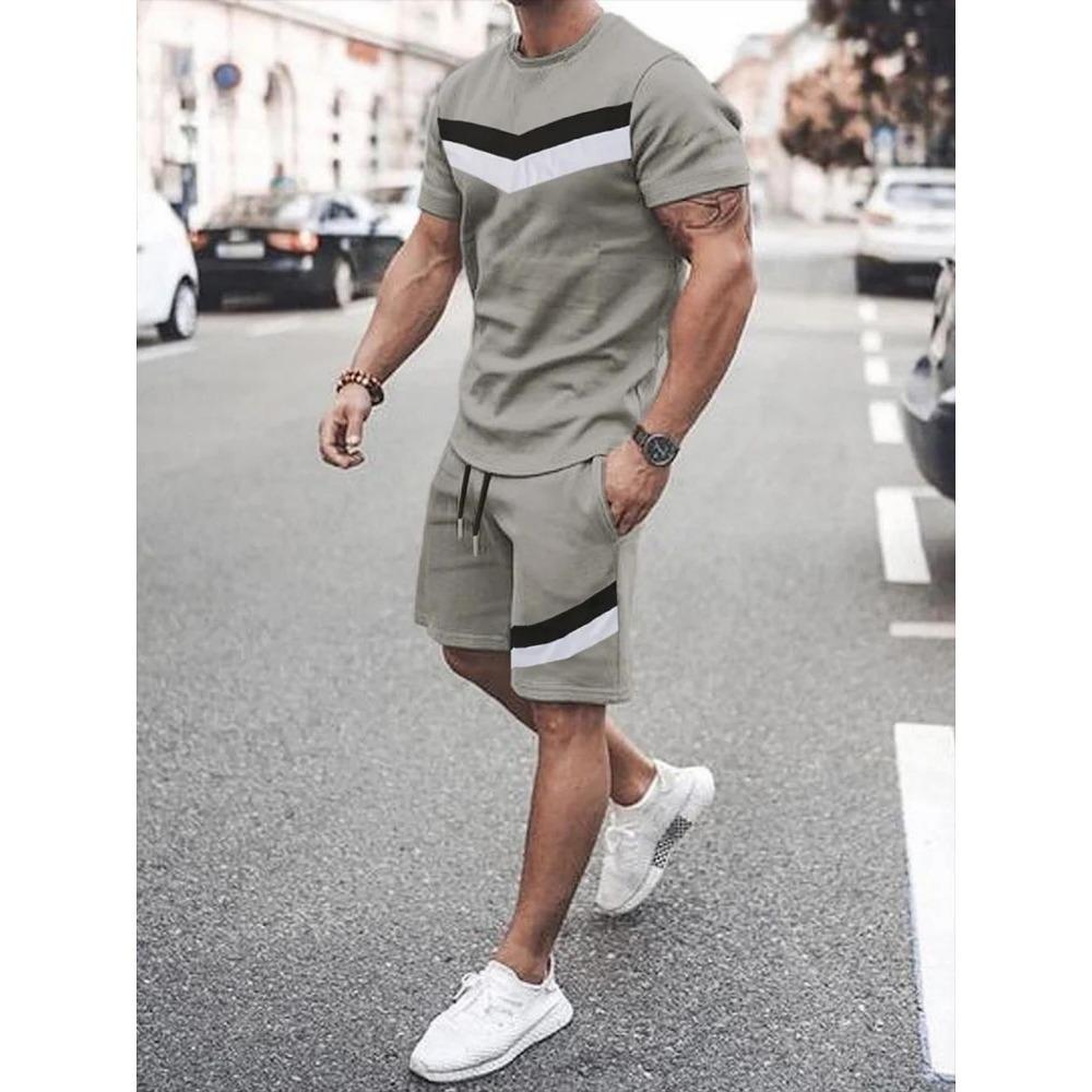 Men's Summer Striped Letter Printed Soft And Breathable Round Neck T-shirt Shorts Set, Outdoor Urban Casual two-Piece Set
