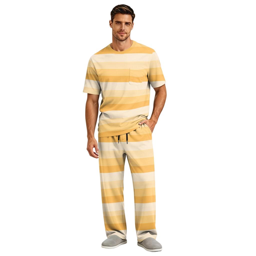 Men's Short Sleeve Pajama Set with Long Pants, Button Crotch, Elastic Waist Drawstring - Comfortable Sleepwear