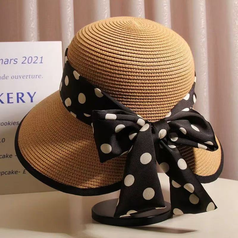 Fairy Wind Polka Dot Bow Straw Hat Female Summer Outing Straw Weaving Sunscreen Visor Sweet Beach Fisherman Basin Hat