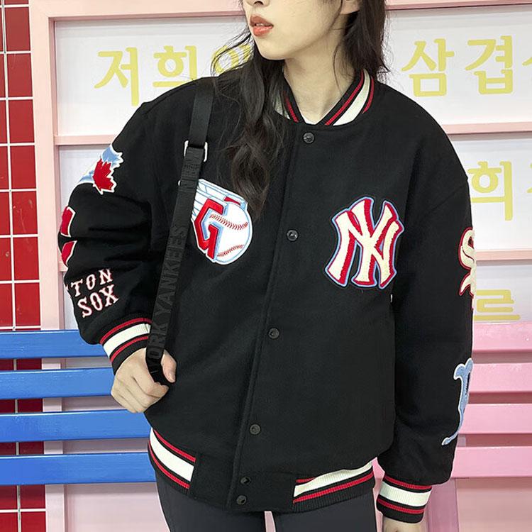 MLB Basic Series FW22 Sports Loose Logo Print Striped Color Block Single-Breasted Baseball Jacket Unisex jackets Black 3AJPN0124-00BKS