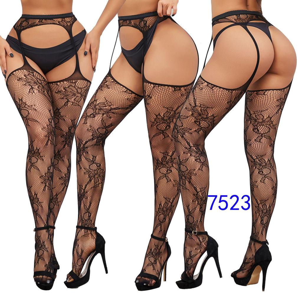 Women's Sexy Crotchless Fishnet Suspender Stockings with Eye Jacquard Design - Style 7501