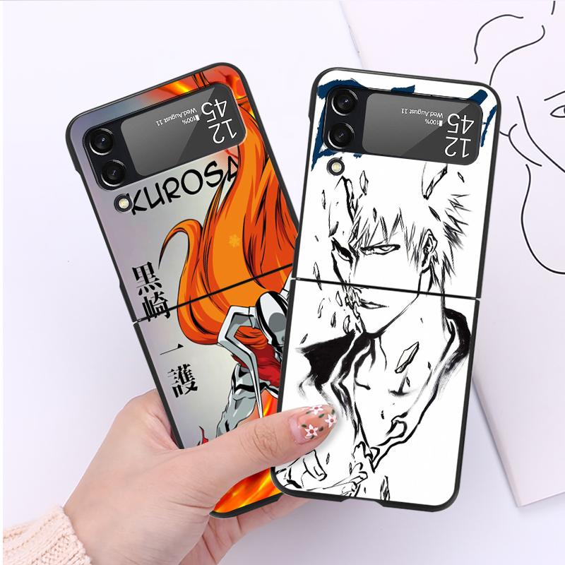 Luxury Case For Samsung Galaxy Z Flip 4 3 5G Black PC Hard Phone Cases Fashion Back Cover ZFlip Funda Kurosaki Ichigo Bleach Sac