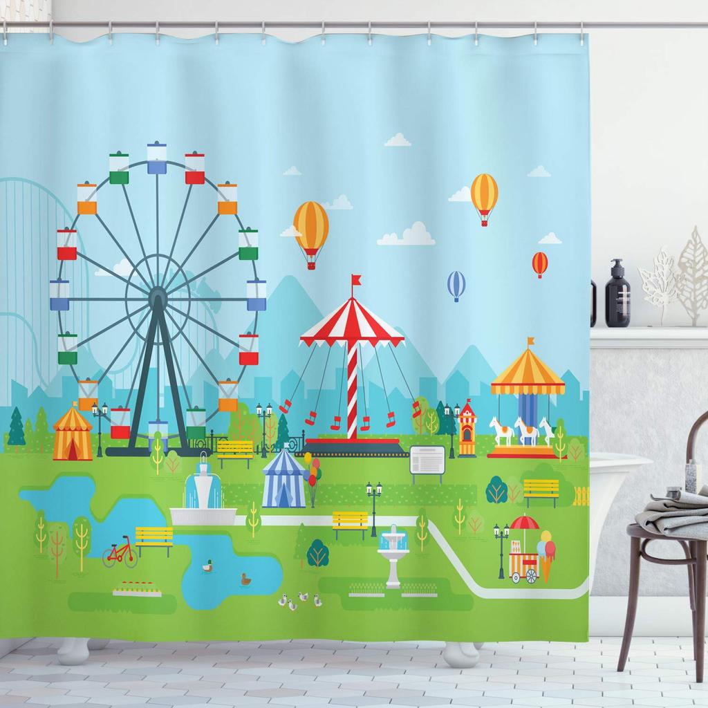 Cartoon Ferris Wheel Theme Shower Curtain,Cartoon Hot Air Balloon Ferris Wheel Print Bathroom Curtain Waterproof Cloth With Hook