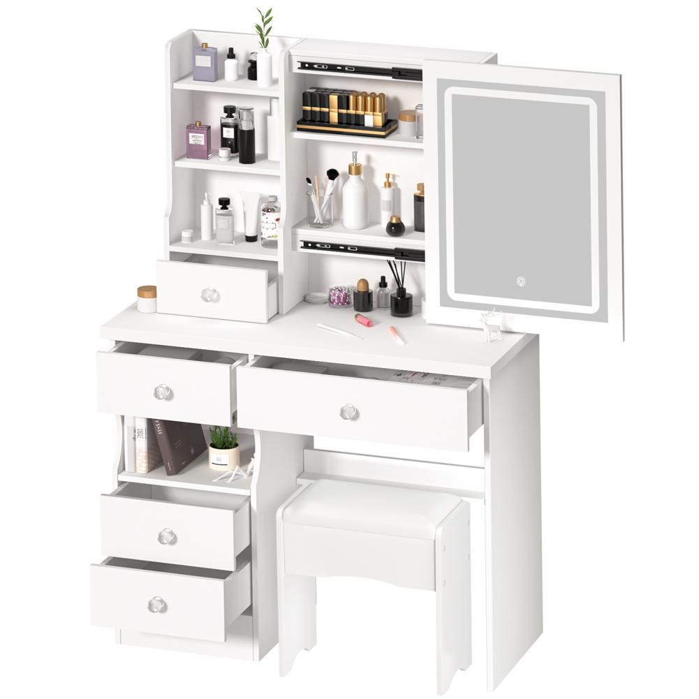 Vanity Desk with LED Lighted Mirror Bedroom Dressing Table Makeup Desk with Stool 5 Drawers Open Shelves Hidden Storage Space