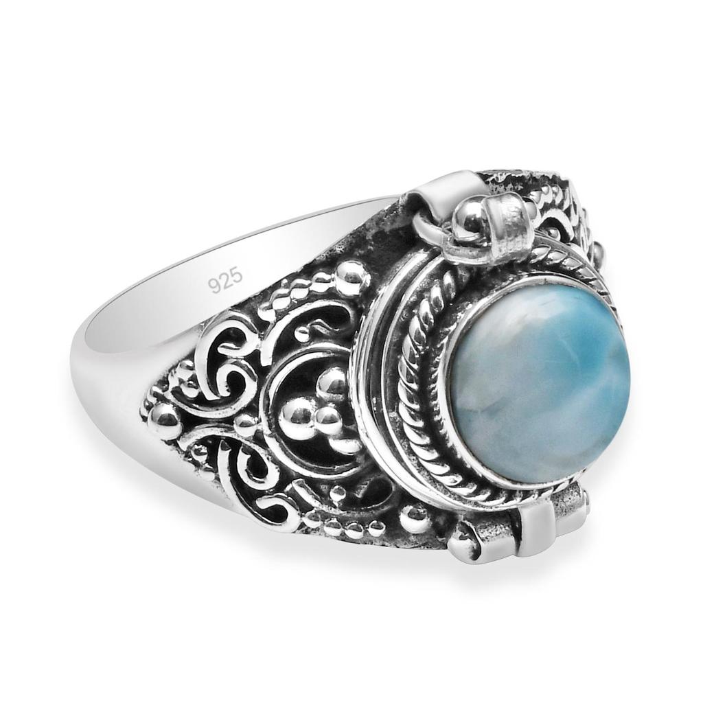 Natural Larimar Gemstone 925 Sterling Silver Poison Locket Ring For Women & Girls