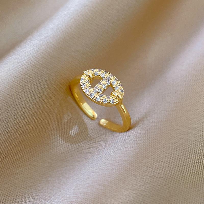 Real Gold Pig Nose Full Of Diamonds Ring Opening Adjustable Simple Jewelry Japanese Ring Couple Ring