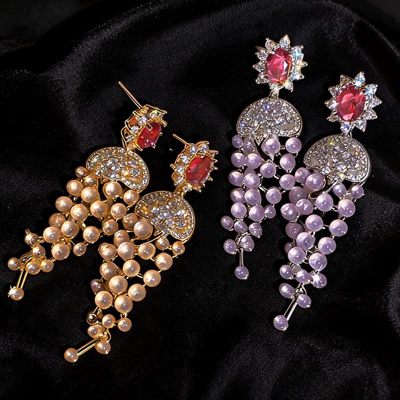 Gold-Plated Silver Zircon Flower Earrings with Tassel - High-End Vintage Style