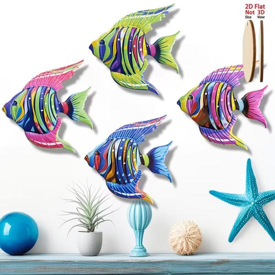 4 Pcs Wooden Fish Wall Decor Coastal Tropical Fish Wall Art Nautical Beach Theme Ocean Animal Hanging Sculpture for Bathroom Living Room Patio Decor