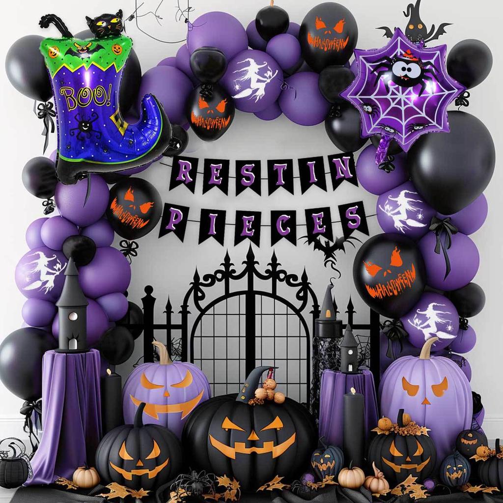 12in Latex Halloween Balloons Kit Orange Black Purple Garland Decor Spooky Banner Party Scene Setter Haunt Ready