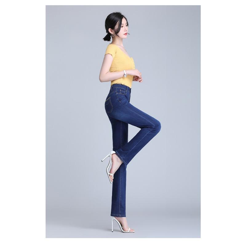 Femme Fashion Zomer dun gedeelte damesjeans met hoge taille dames rechte losse elastische casual broek 34 donkerblauwe kleur