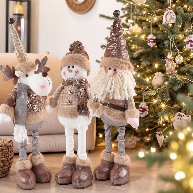 Extendable Christmas Decorative Figure with Fabric Texture, Holiday Character Ornament for Living Room Shelf Displays