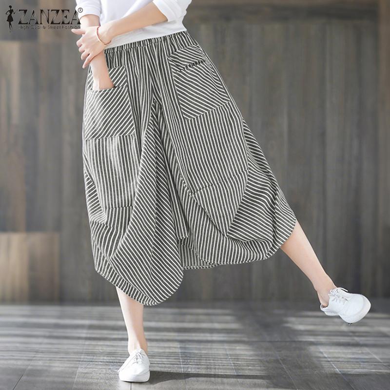 ZANZEA Dame Casual Elastisk Midje Løse Capri Bukser med Stripetrykk