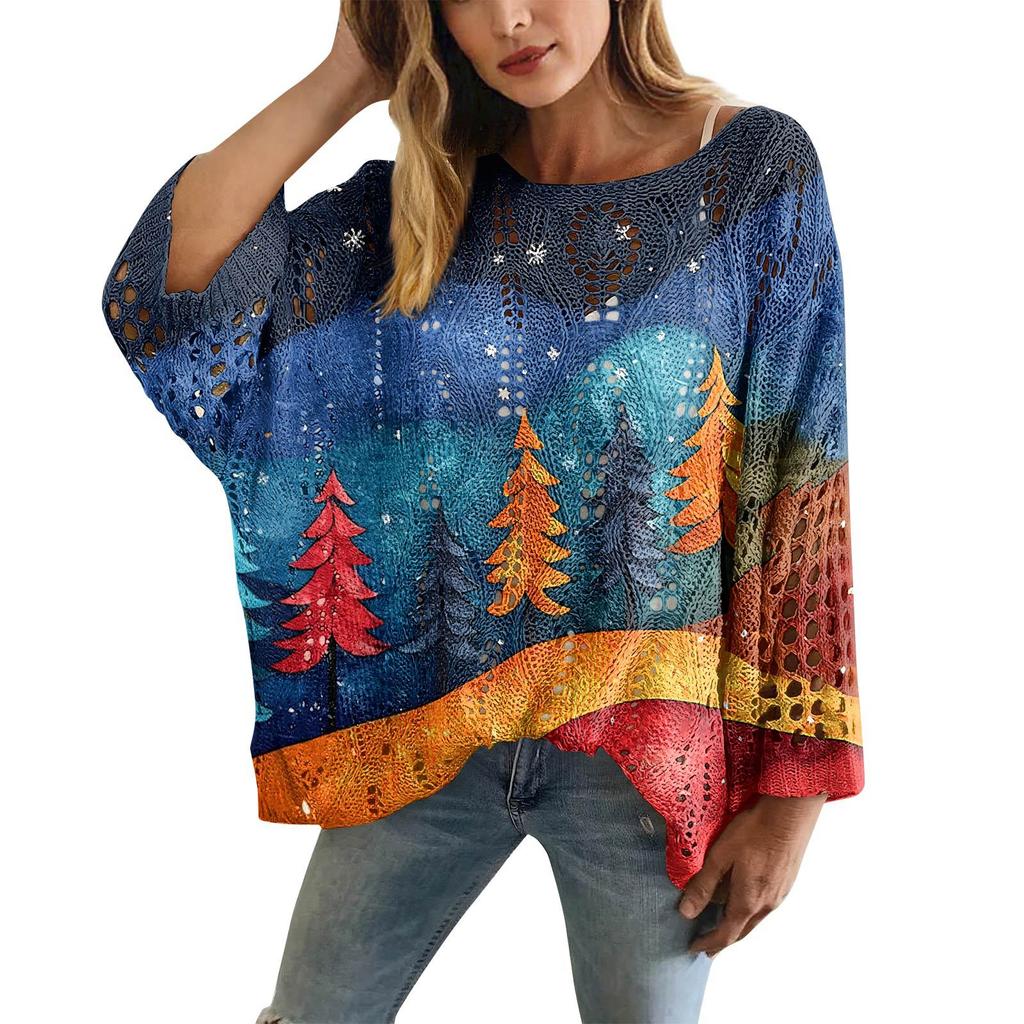 XY-LK01-Pullover hollow blouse 3D printed sweater spring and summer new