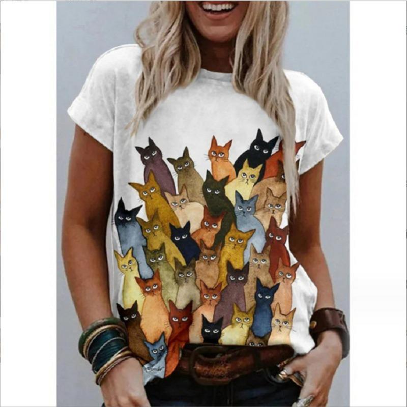 Summer 3D Digital Printing Cat Painting Casual Women's T-shirt Cat Pattern Printing Round Neck Shirt