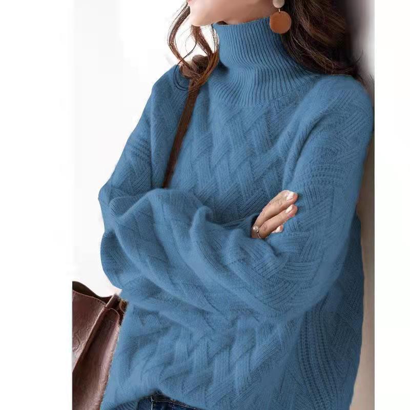 Women's High-Neck Ribbed Knit Sweater - Warm, Thick, Loose Fit for Autumn/Winter 2024, Korean Style