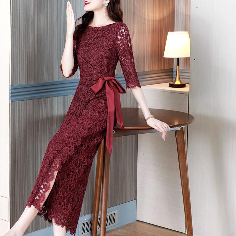 2023 Summer Wine Red Retro Lace Evening Dress