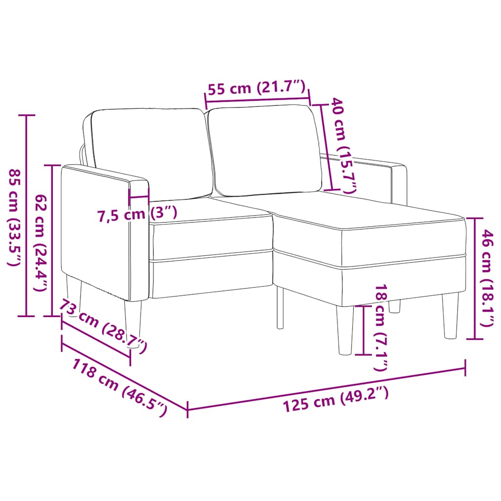 2 Seater Sofa with Chaise Longue L Shaped Cream 125 Cm Linen