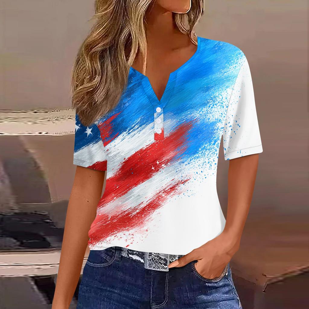 Women's T Shirt Independence Day Print Button Short Sleeve Daily Weekend Fashion Basic V- Neck Regular Top