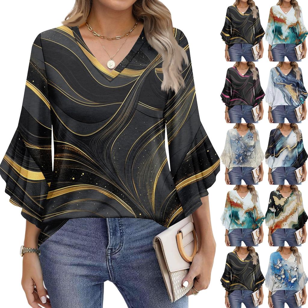 Blouses For Women Dressy Casual 3/4 Length Sleeve Womens Tops V Neck Tshirts Shirts With Flared Sleeve