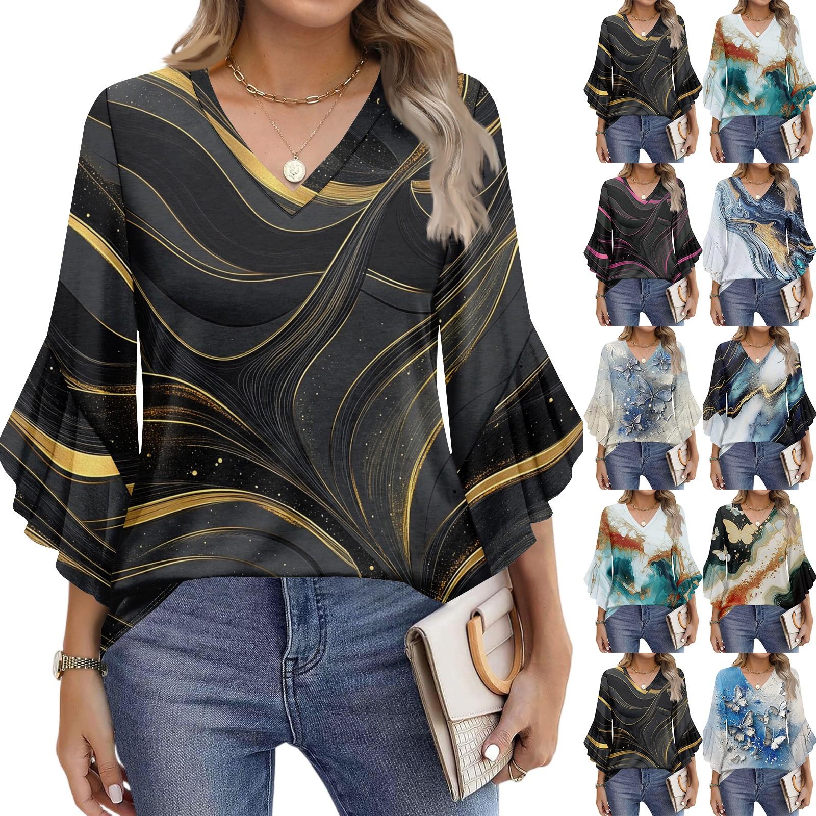 

Blouses For Women Dressy Casual 3/4 Length Sleeve Womens Tops V Neck Tshirts Shirts With Flared Sleeve S синій