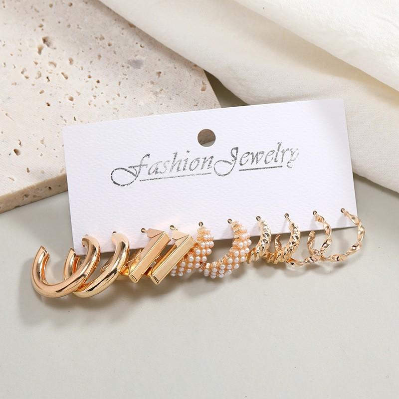 Europe and the United States hot-selling C-shaped earrings creative ring earrings 1-piece set retro pearl earrings