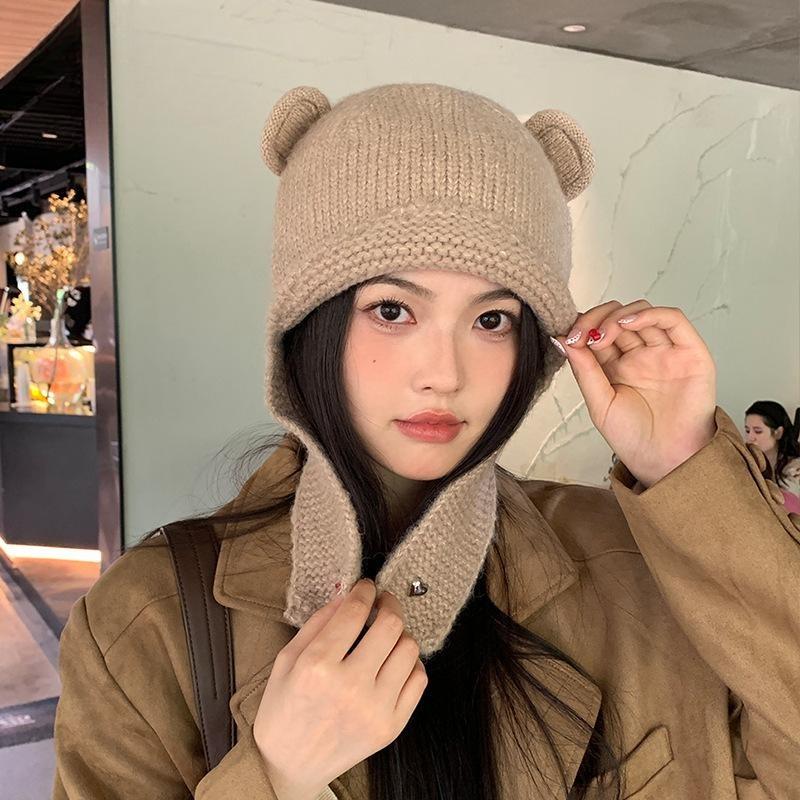 Nuovo cappello lavorato a maglia in lana con orsetto, autunno e inverno, cappello caldo a pullover, protezione per le orecchie fredde all'aperto per bambini, cappello Lei Feng