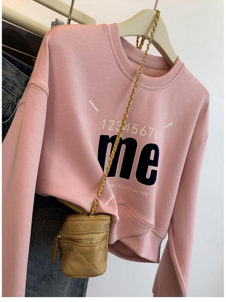 Oversized American Print Round Neck Pullover Sweater - Casual Long Sleeve Crop Top