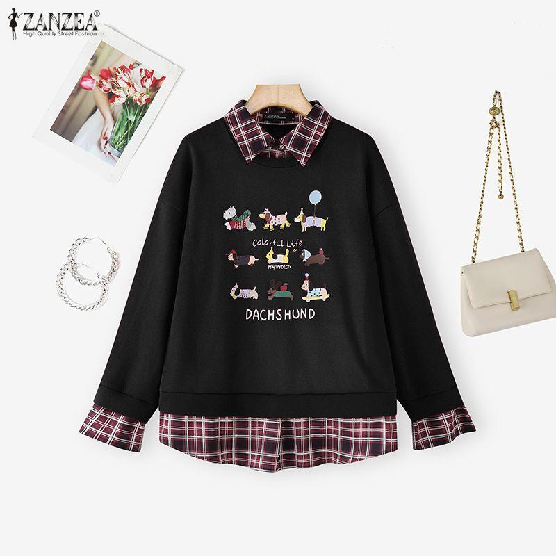 ZANZEA Women Casual Lapel Neck Long Sleeve Print Patchwork Loose Blouse S чёрный