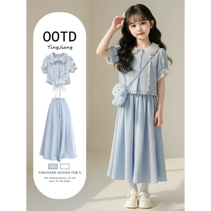 

Girls Sweet Set - Spring/Autumn Children s Fashion - Blue Short-Sleeved Top and Skirt Set (Two Pieces) 130 синий