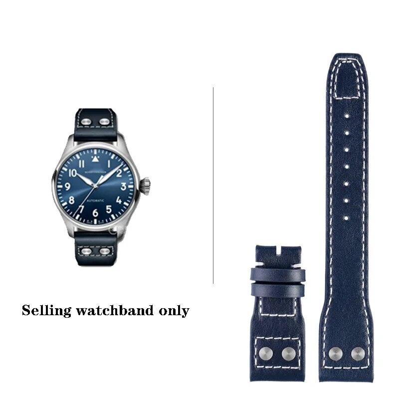 

Високоякісний ремінець із заклепками з натуральної шкіри 21 мм 22 мм підходить для IWC Big Pilot Spitfire TOP GUN Коричневий синій ремінець для годинника з коров ячої шкіри Blue-no buckle 21mm