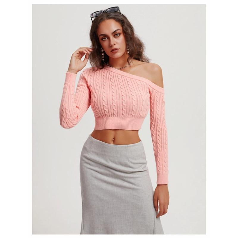 Women's Autumn and Winter Twist Wool Knit Straight Off-the-shoulder Long Sleeve Short Pullover Sweater Top