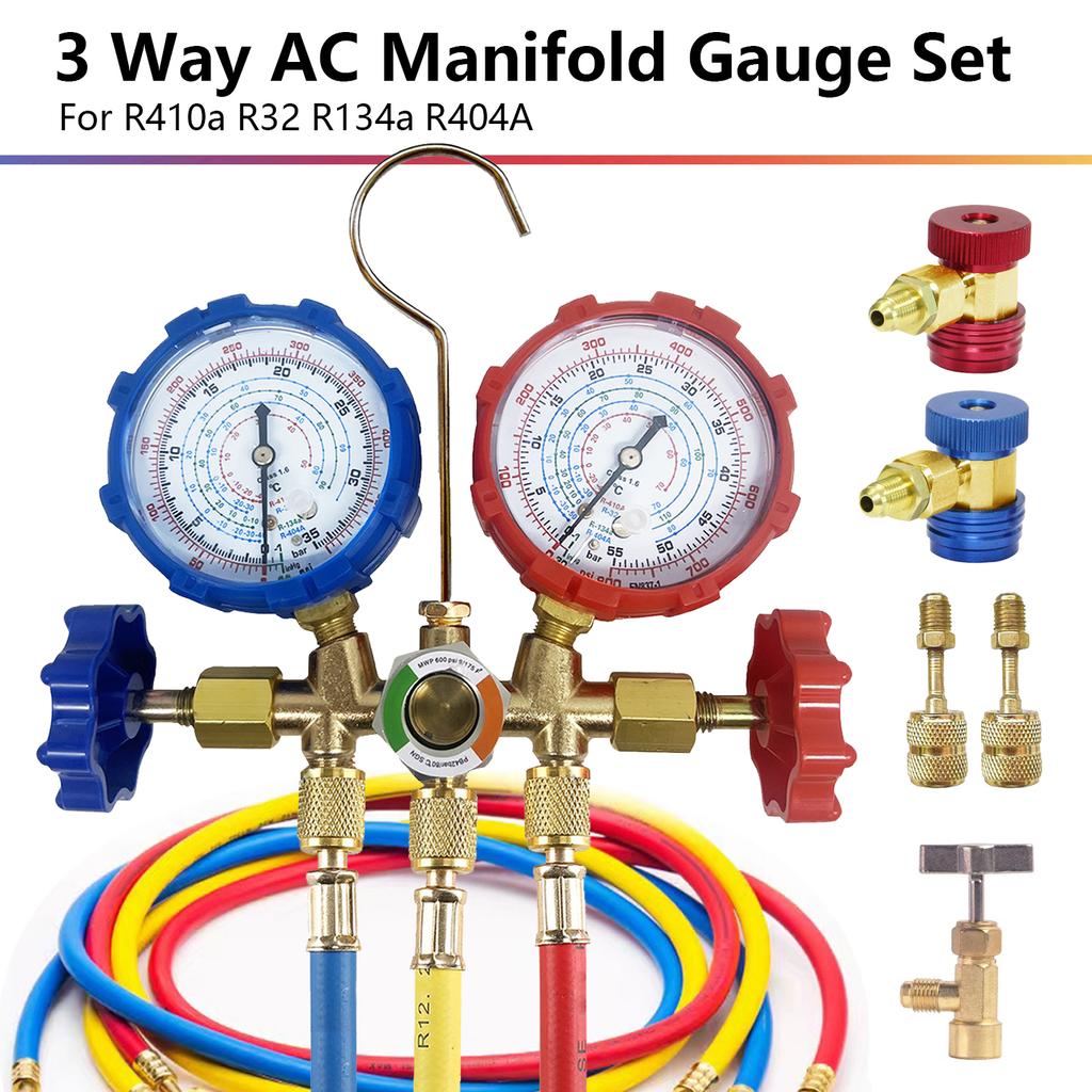R410a 3 Way AC Diagnostic Manifold Gauge Set for Freon Charging Fits R32 R410a R-404A R-134a Refrigeration Manifold Gauge Air