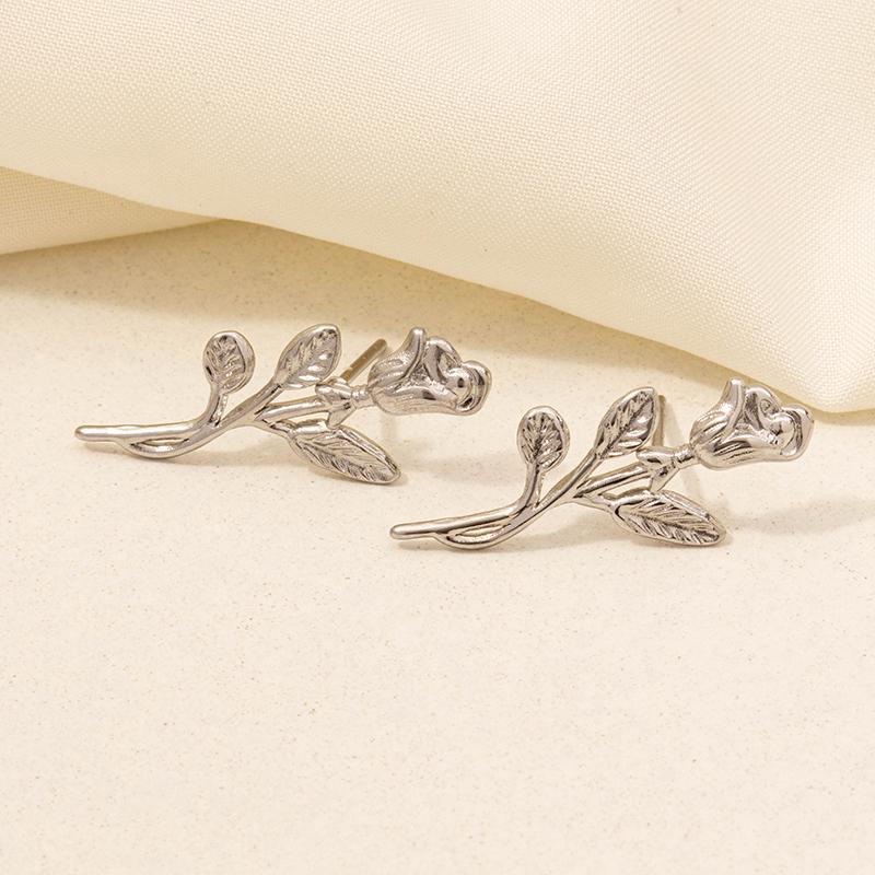Elegant Plant Rose Flower Leaf Ear Studs For Women Men Accessories Real Gold Plated Stainless Steel Earrings Kpop Fashion Aretes