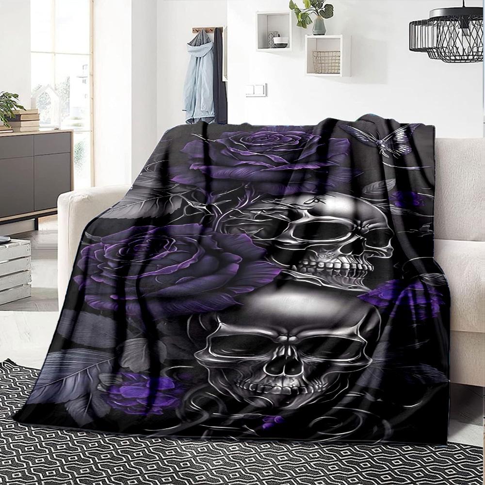 1pc Skull Purple_rose Soft Warm Throw Blanket Nap Blanket For Couch Sofa Office Bed Camping Travel,Comfortable