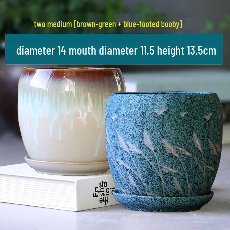 Breathable Ceramic Flower Pot with Tray for Gardenia and Succulents, Chinese Style, Large and Durable for Balcony Use.