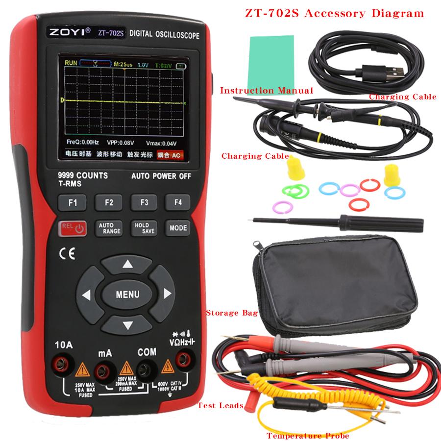 

Портативний цифровий автомобільний осцилограф-мультиметр ZOYI ZT-702S 2 в 1, одноканальна смуга пропускання 10 МГц, довжина запису 64 Кбайт, 48