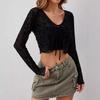 Spring Elegant Women's Transparent Mesh Flocking Front Tie Long Sleeve Top Versatile Closet Essential Fashion Items Shirt