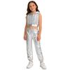 Mädchen Glitzernde Pailletten Reißverschluss Vorne Crop Top Elastische Taille Hose Hip Hop Jazz Tanz Set