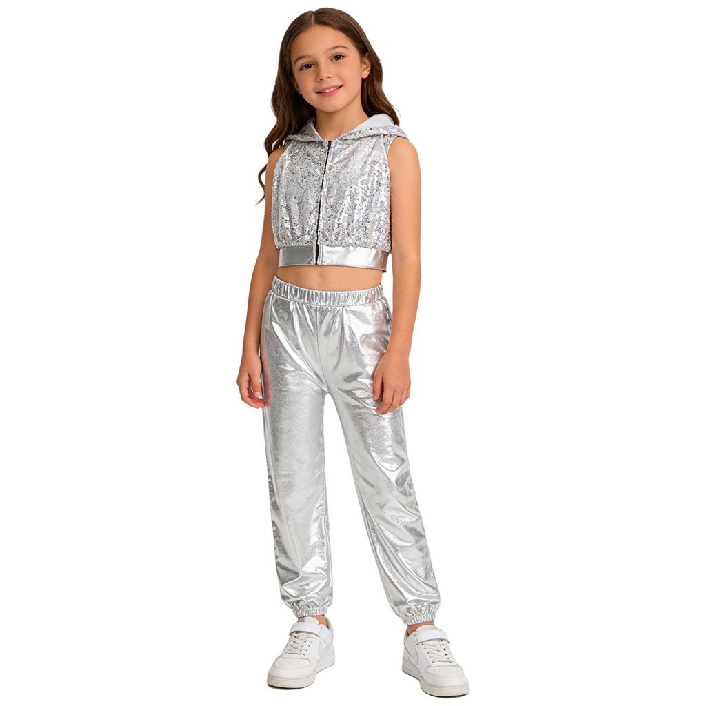 Mädchen Glitzernde Pailletten Reißverschluss Vorne Crop Top Elastische Taille Hose Hip Hop Jazz Tanz Set