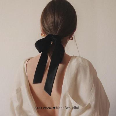 French Velvet Bow Hair Tie - Black Ribbon Ponytail Holder, Korean-Style Hair Accessory