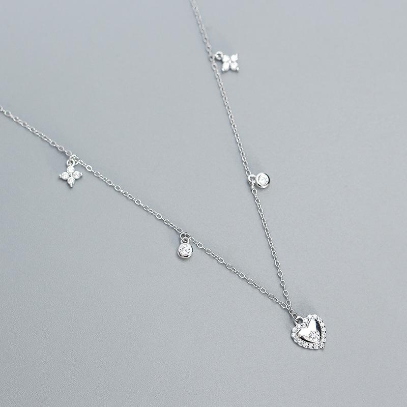 YHN085 S925 Silver Layered Necklace with Heart-Shaped Rhinestone Inlaid French Clavicle Chain for Women 925 Silver платиновый