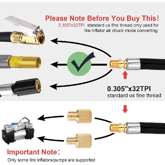31" Upgraded Lengthened Tire Inflator Hose Adapter &Converting Nuts, Lock On Air Chuck With Hose And Tire Schrader Valve Fine Thread, For Tire Pump'S