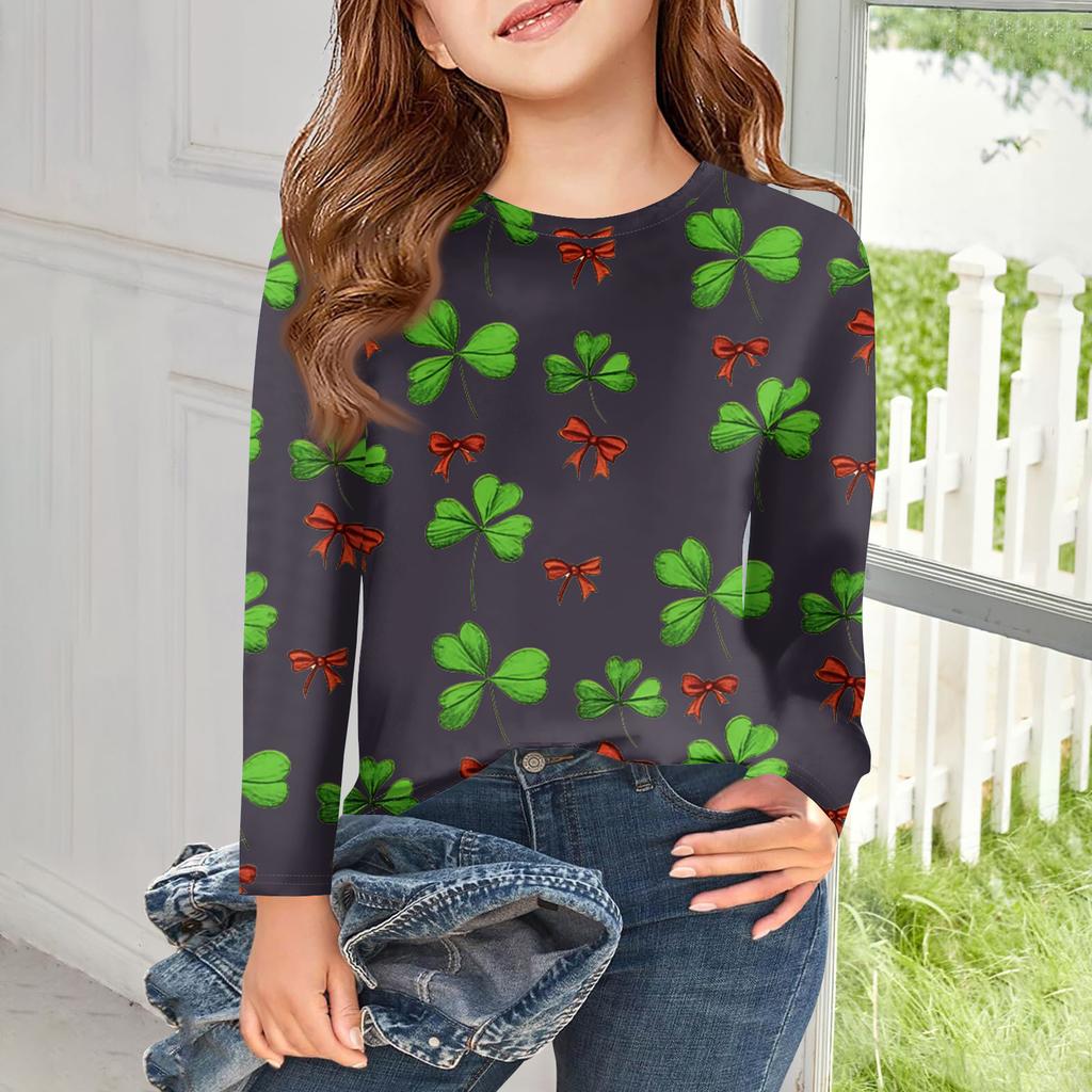 Flickor Långärmade T-shirts Barn Hösttoppar Rundhals Tryckta Bas T-shirts Saint Patrick's Day