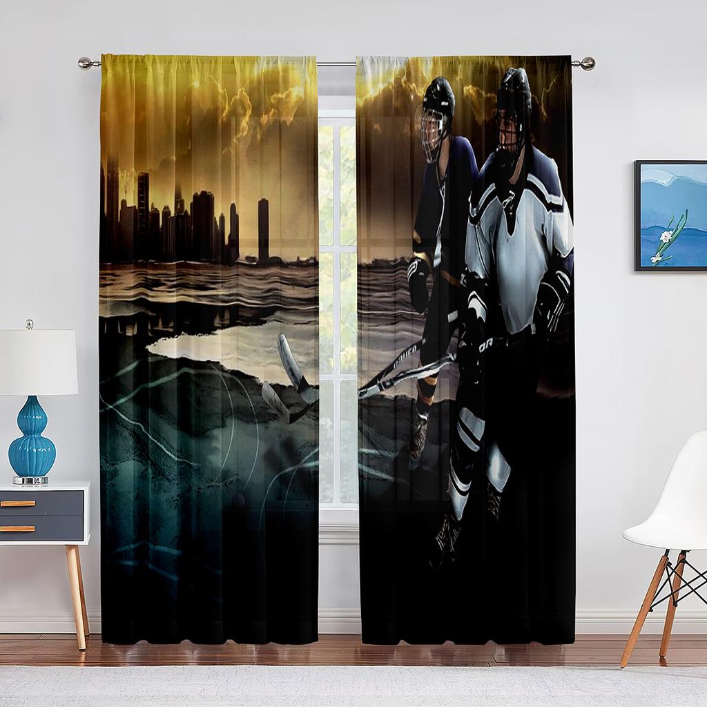 Ice Hockey Sport Player Sheer Voile Curtain Sports Arena Window Chiffon Tulle Curtains for Living Room Bedroom Decoration Drapes
