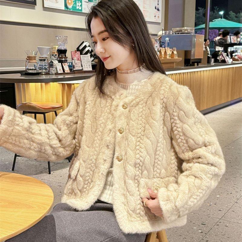 Autumn and winter new twist mink fur top women's round neck short imitation mink fleece fur coat women