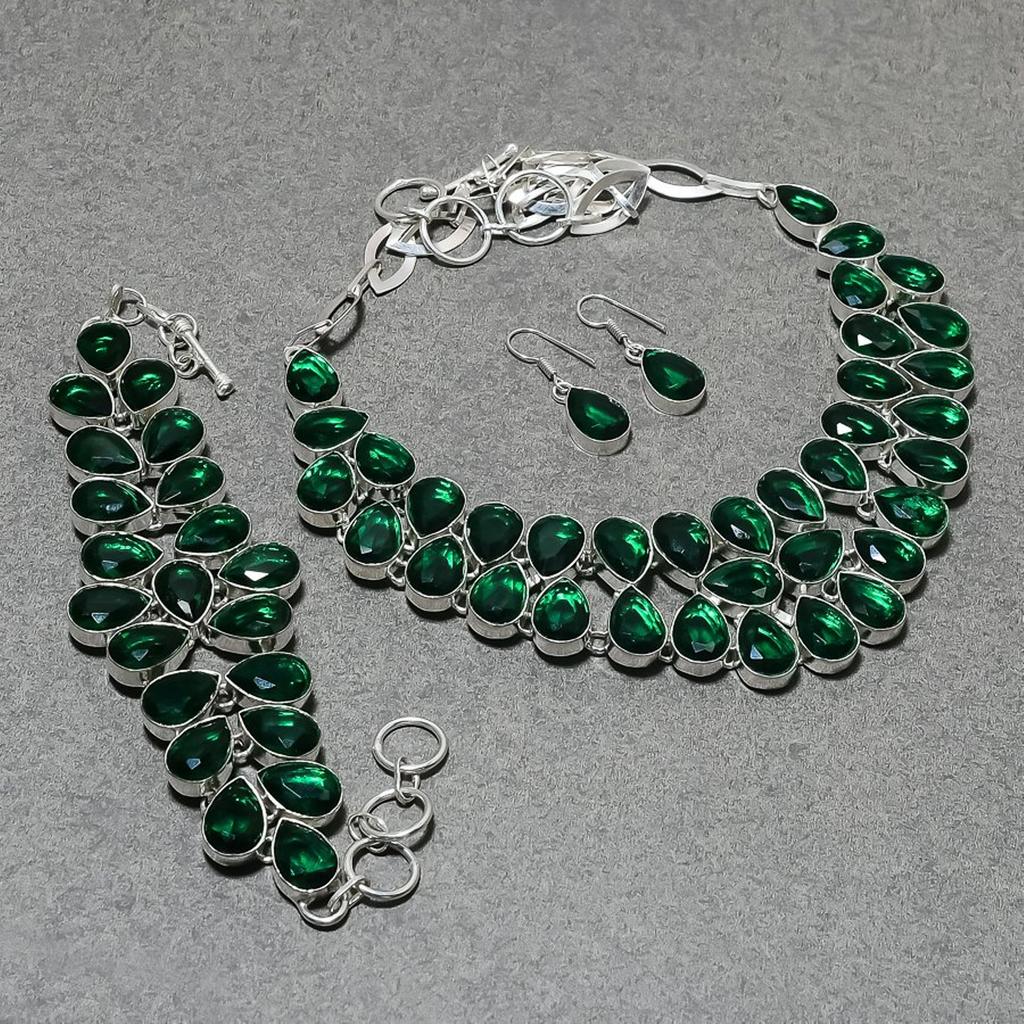 Chrome Diopside Pear Shape Gemstone Jewelry Set Gift Necklace Bracelet Earrings