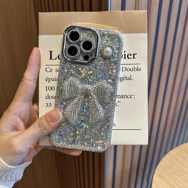 

Applicable To Apple 17Air Pearl Bow Phone Case Drip Glue Iphone 16Promax Glitter Sequin Women iPhone 11