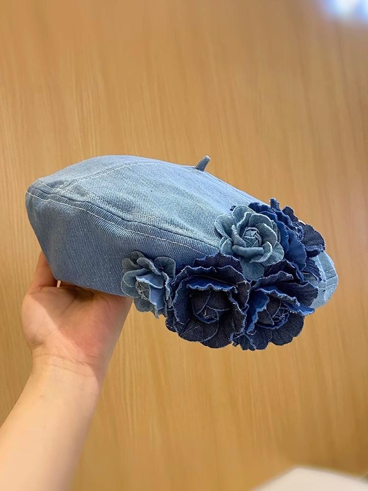 Flower Embellished Beret Hat With Waterresistant Fabric For Autumn And Winter
